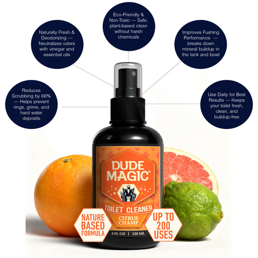 Dude Magic toilet cleaner bottle with citrus fruits on a white background